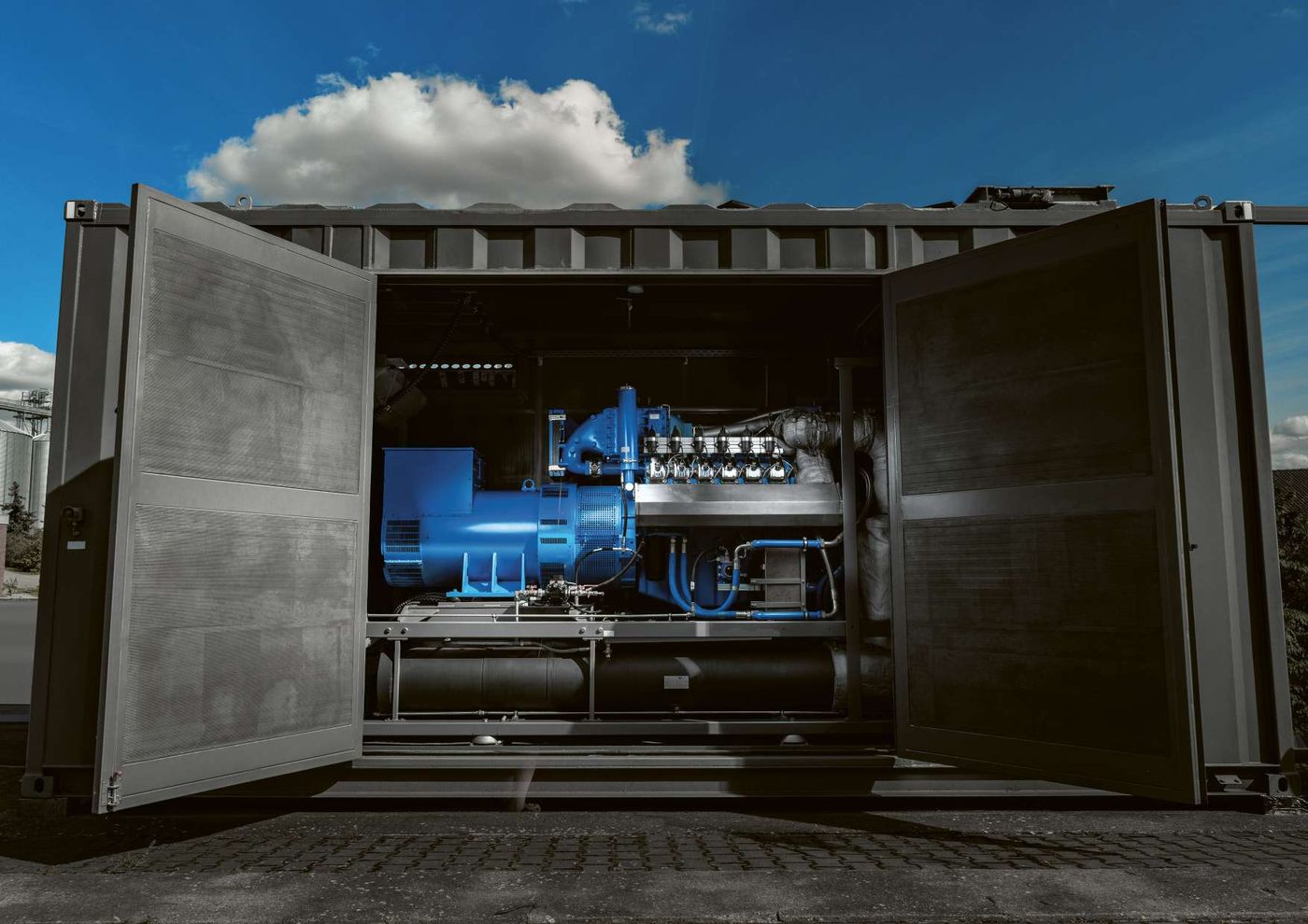 ENERGIN gas genset in an open 40 ft container