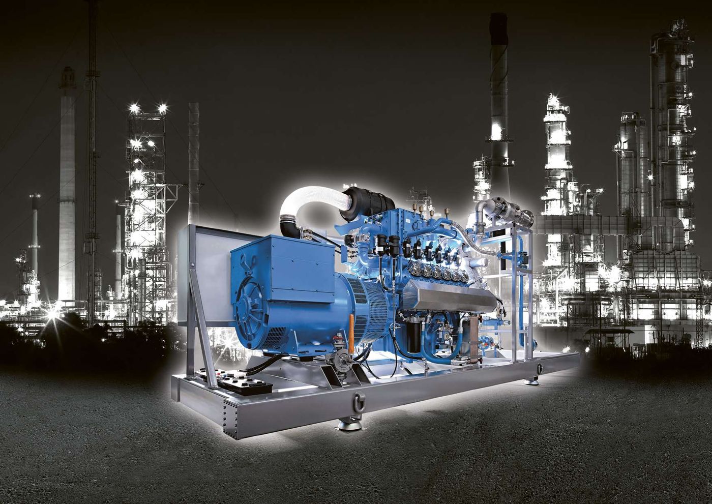 ENERGIN genset at an industrial refinery site at night